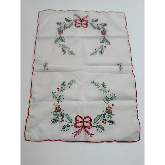 Vintage · Hand Embroidered · Christmas Wreath Holly Dresser Scarf · Set of 2 - Picture 1 of 9